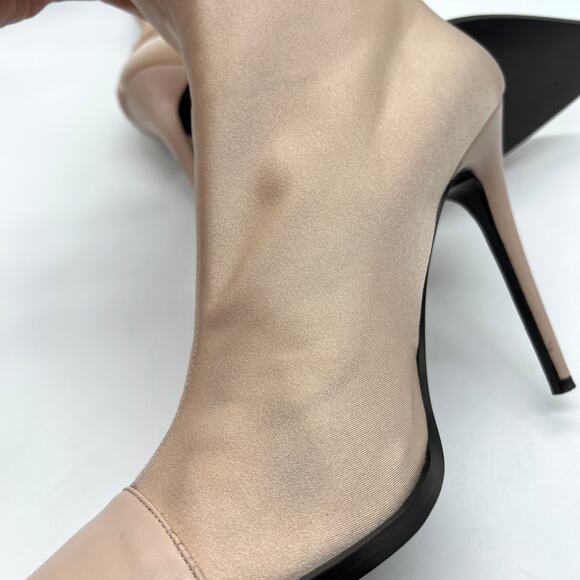 AMIRI Sock Bootie Stiletto Heel Womens 10.5 Tan Neoprene Pointed Leather Cap Toe - Picture 13 of 16